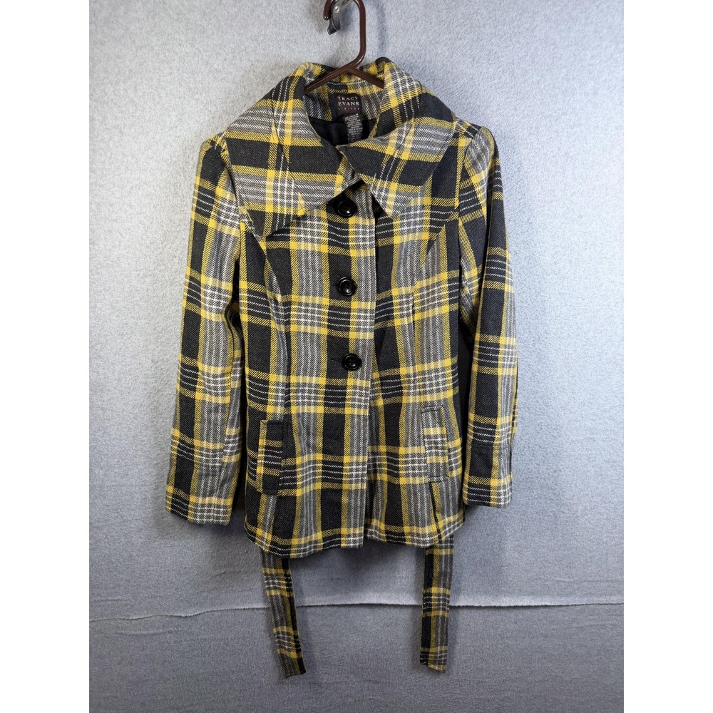 Tracy Evans Jacket Womens Medium Gray Yellow Plaid Belted Button Short Twill